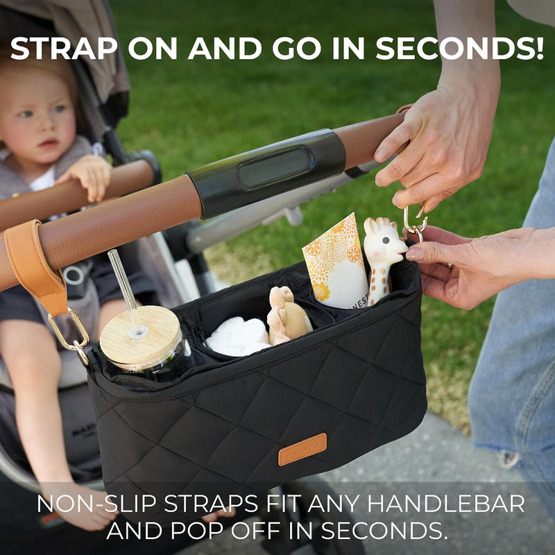 Beautiful Stroller Caddy Organizer With 2 Cup Holders - Zipper Pocket Bag | Luxury Stroller Bag with Universal Fit and Leather Straps - Spacious Accessories Perfectly Fits Doona, Nuna and Uppababy