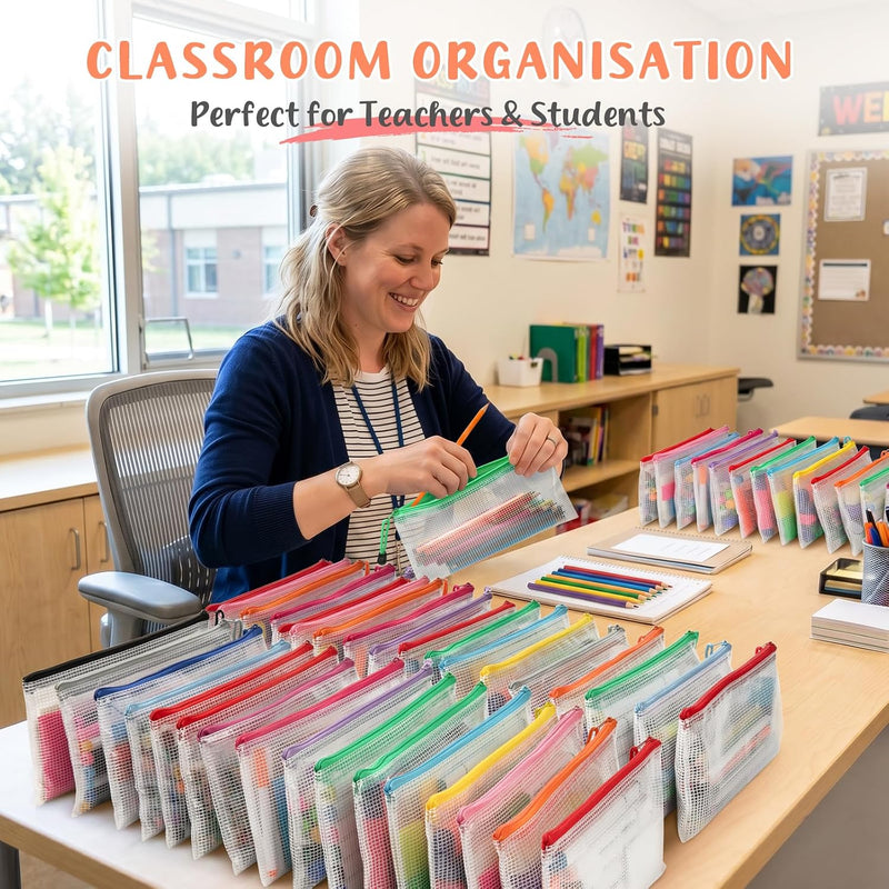 Smarpau 24 Pack Pencil Pouches, A6 Waterproof PVC Pencil Bags, 12 Colors Mesh Zipper Pouches for School Supplies, Classroom Organisation, Office Documents & Travel Storage