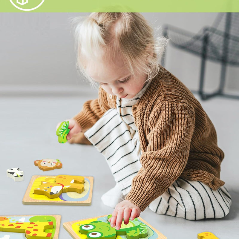 Benresive Wooden Toddler Puzzles, 6pcs Animal Montessori Toys for 1-3 Year Olds