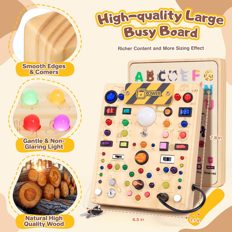 Montessori Toy: 19-Switch Busy Board with LED Lights, Sensory Exploration for Toddlers 1-3 Years