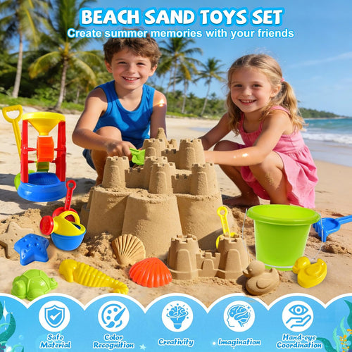Beach Toys, 19 Piece Sand Toys Set Kids Sandbox Toys Includes Water Wheel Beach Tool Kit Bucket Watering Can Molds with Mesh Bag for Kids Ages 3-13