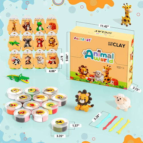 Aestd-ST Air Dry Clay Kit - Animal Theme, Modeling Clay for Kids | DIY Magic Clay with Sculpting Tools and Tutorials, 12 Boxes Molding Clay, Soft & Non-Sticky, Arts and Crafts Gift for Kids