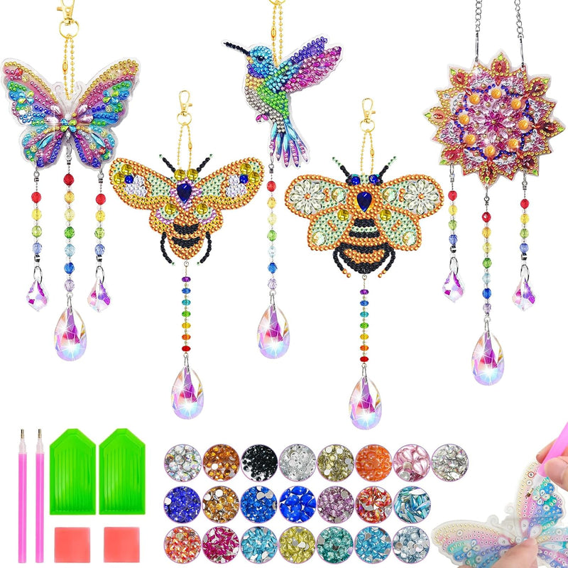 5Pcs Diamond art Kits for Kids/Adults, Crafts for Kids Ages 8-12, DIY Diamond Painting art Wind Chimes Crystal Window Suncatcher Craft, Birthday Gifts for 7 8 9 10 11 Year Old Girls, Home Garden Decor