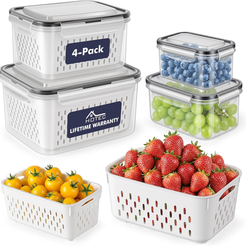 HOTEC 5-Pack Large Fruit Storage Container for Fridge Leak proof with Removable Colander, BPA Free Dishwasher & microwave safe Largest 4.15L