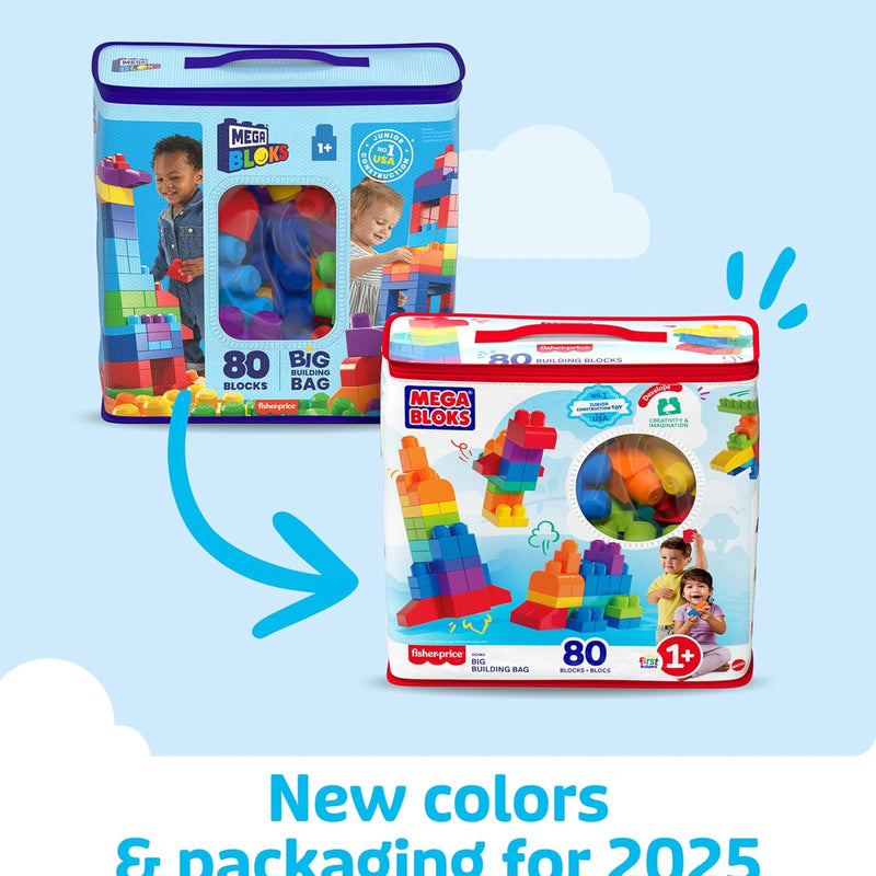 MEGA BLOKS First Builders Toddler Blocks Set - 80 Pieces, Big Bag, Ages 1+, Blue