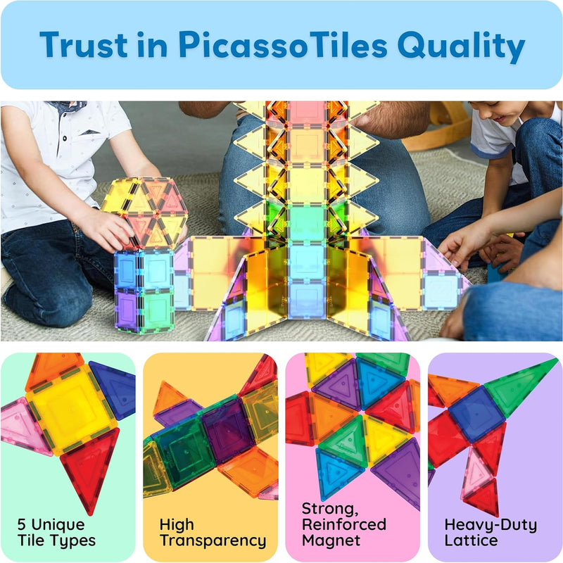 PicassoTiles 100 Piece Set Clear Magnetic 3D Blocks for Kids Creativity Building Playboards Educational