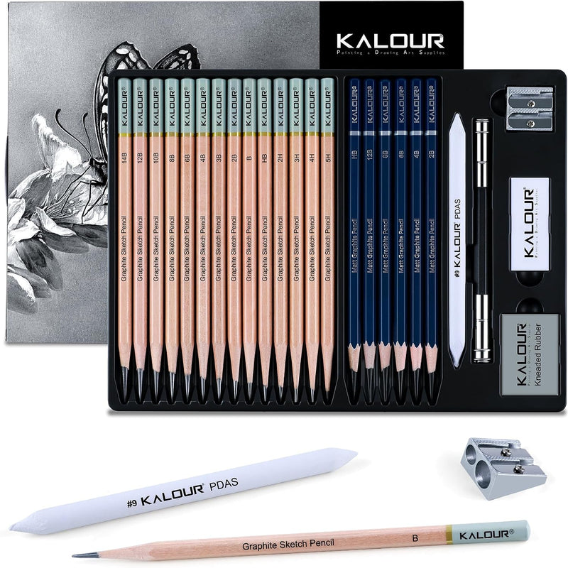 KALOUR 18-Piece Professional Sketch Pencil Set - Includes 5H to 14B Pencils, Vinyl Eraser, Kneaded Eraser,Sharpener and Paper Blending Stump - Ideal for Artists and Beginners