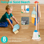 Kids Cleaning Set, 8 Pcs Wooden Housekeeping Play Set Includes Broom Mop Duster Dustpan Brushes Rag and Organizing Stand, Cleaning Toys Gift for Toddlers Girls Boys Age 3-6, Solid Beech Wood
