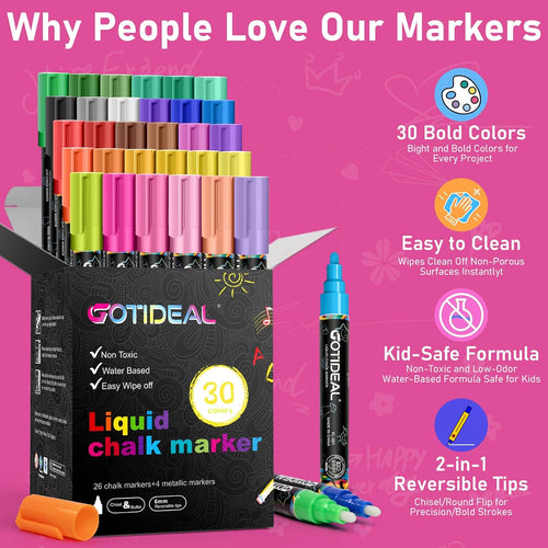 GOTIDEAL Chalk Markers, 30 Colors Liquid Chalk Markers for Blackboard Chalkboard Calendar Glass Neon Pens, Washable Window Marker Paint and Drawing for Car, Auto, Bistro,Mirror Wet Erase Chisel Tip