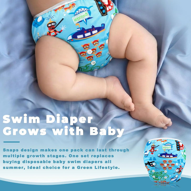 wegreeco Reusable Swim Diapers,Baby & Toddler Snap One Size Adjustable Reusable Baby Swim Diaper (Diving, Ocean, Turtle, Large, 3 Pack)