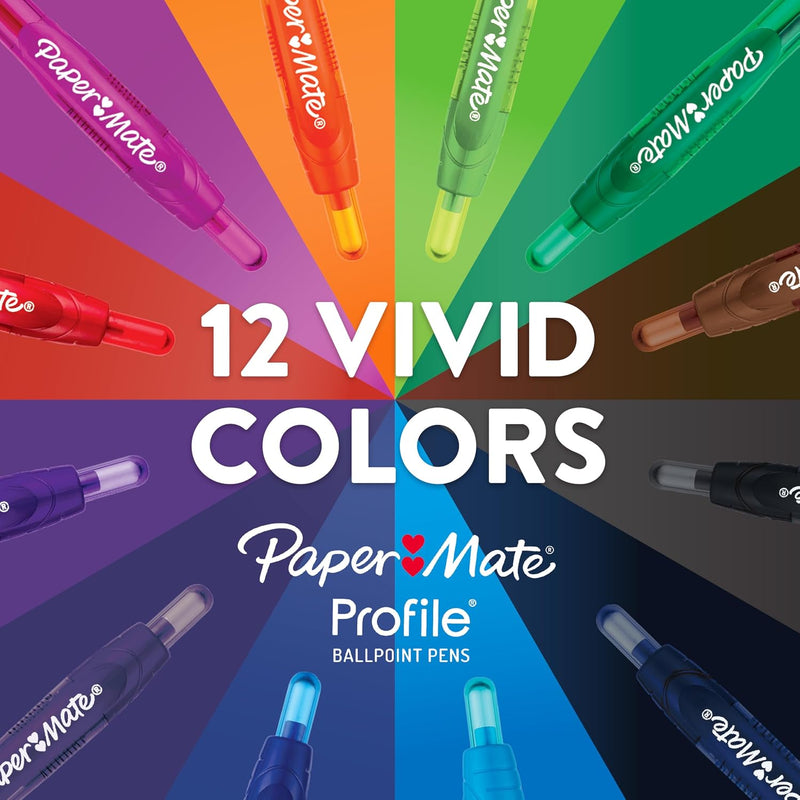 Paper Mate Profile Retractable Ballpoint Pens, Bold Point (1.4mm), Blue Ink, 12 Count - Writing, Office, Teacher Supplies