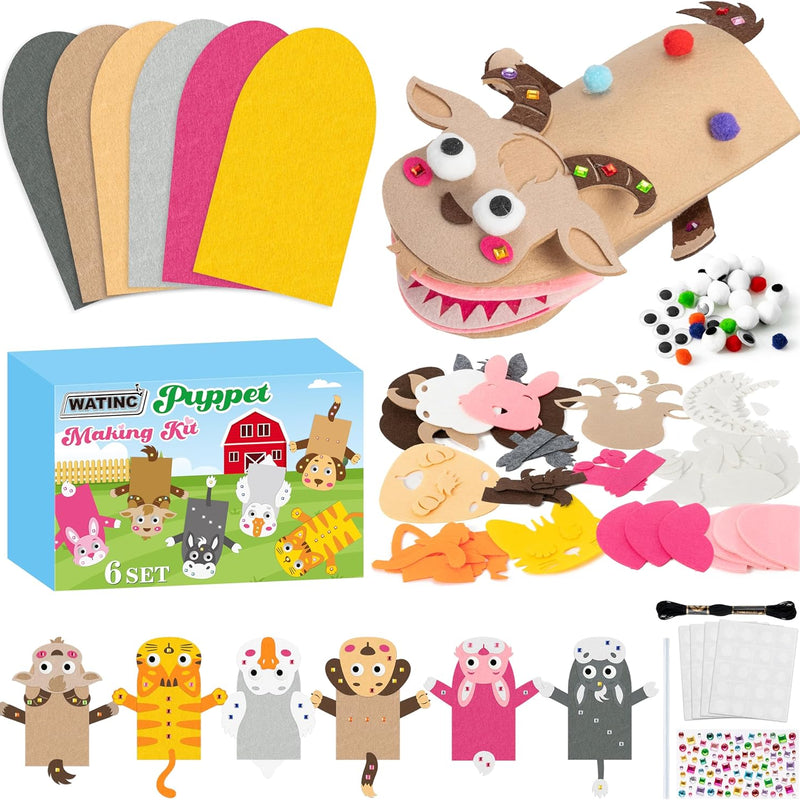 WATINC 6-Piece Animal Hand Puppet Making Kit for Kids, DIY Art Craft Felt Sock Puppets, Pompoms, Googly Eyes, and Felt Decorations for Creative Storytelling and Role Play.