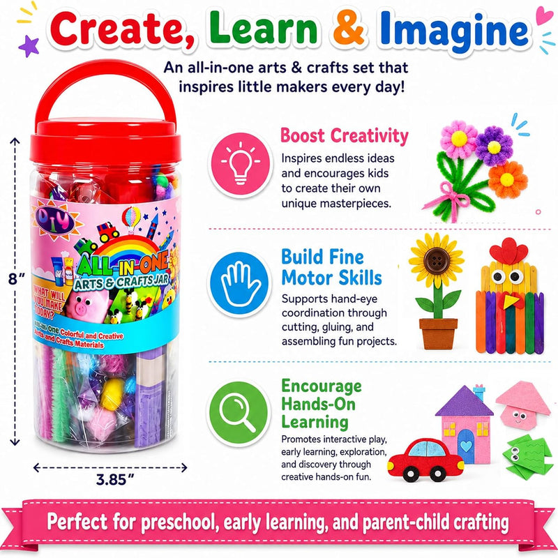 FUNZBO Arts and Crafts Supplies for Kids - Toddler DIY Craft Set | with Glitter Glue Sticks, Pipe Cleaners, Pom Poms , Popsicle Sticks Tools for School, Birthday Gifts for Boys & Girls Ages 4+
