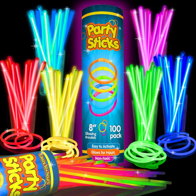 PartySticks Glow Sticks 100pk - 8 Inch Waterproof Glow in the Dark Light Up Sticks - Kid-Safe and Non-Toxic