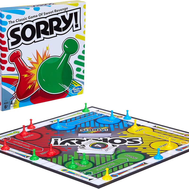 Classic Sorry! Hasbro Board Game for Kids Ages 6 and Up with 4 Pawns and Family Game Night Fun