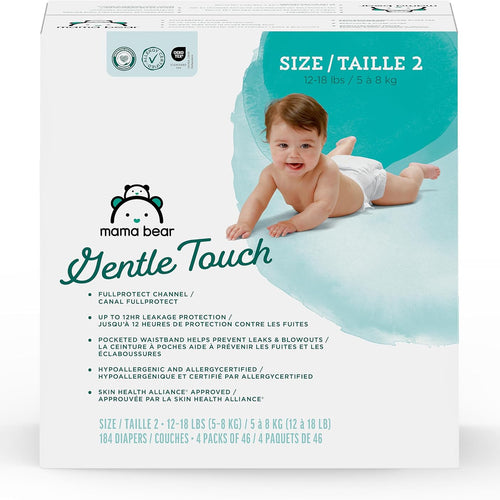 Amazon Brand - Mama Bear Gentle Touch Baby Diapers, Size 2, 184 Count (4 packs of 46), Leak Protection, Wetness Indicator, Formulated Without Fragrance