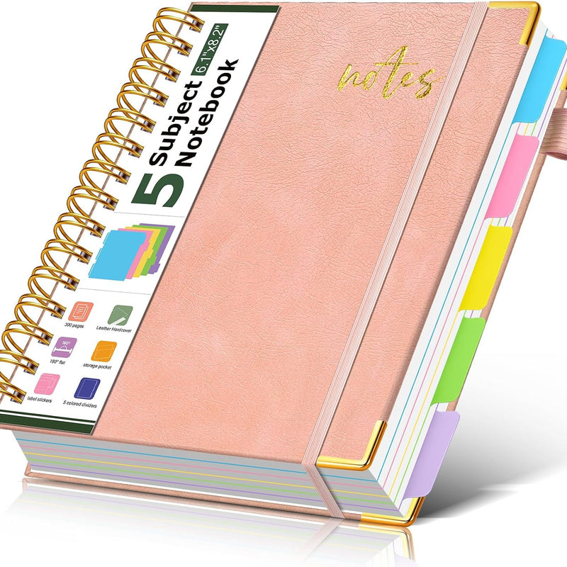 5 Subject Spiral Notebook Journal with Removable Dividers Tabs, 300 Pages Organizer Notebooks for Work School, 8"x10" Hardcover Leather Notebook College Ruled, Large Lined Journal for Women Men,Green