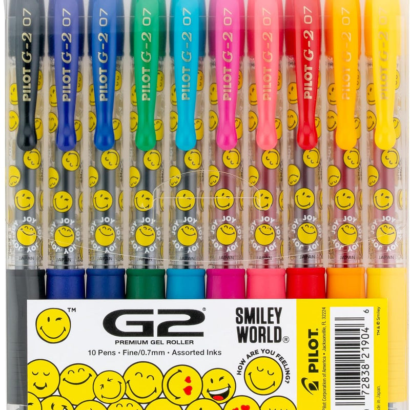 PILOT, G2 Premium Gel Roller Pens, G2 SmileyWorld Collection, Write Happier, 10 Pack Pouch, Fine Point 0.7 mm, Assorted