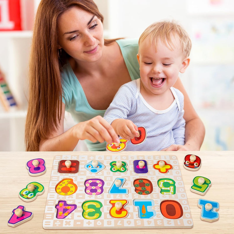 SYNARRY Wooden Puzzles for Toddlers 1-3, 6XSET Puzzles for Toddlers 2-4 with Rack, Learning Alphabet Number Animal Dinosaur Vehicle for Kids, Education Toys for 2 3 Years Boys Girls