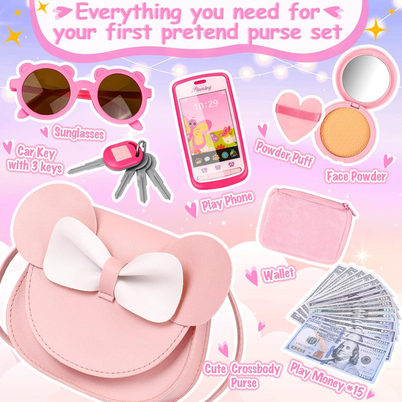 Oisacirg Play Purse with 23PCS Pretend Makeup, Princess Toys for Girls 3-12 | Crossbody Bag, Phone, Wallet, Sunglasses, Makeup for Princess Role Play, Birthday, Mom-Daughter Fun, Multi-Scene Pretend Play