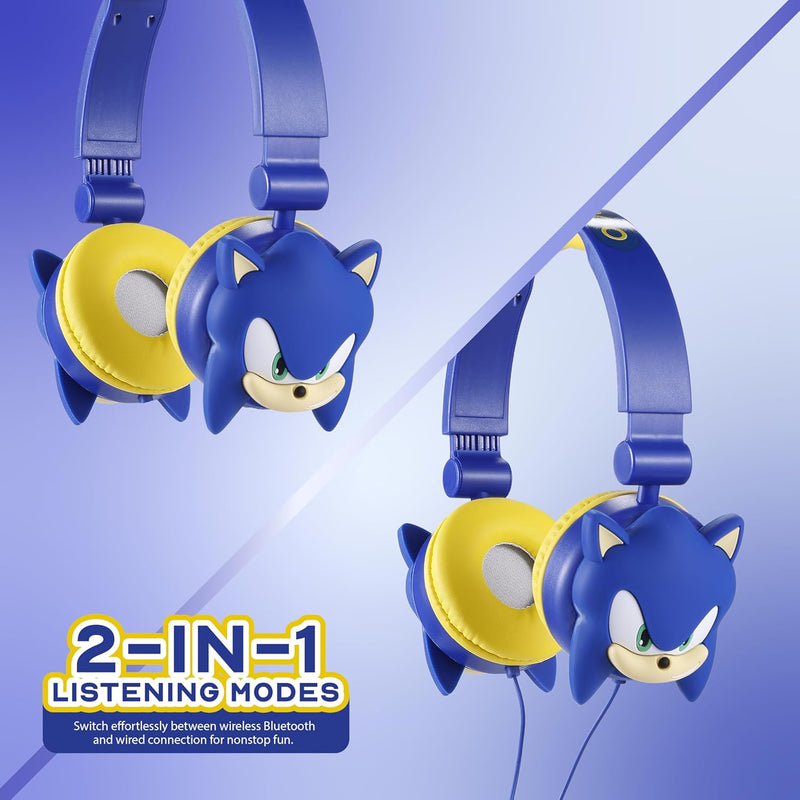 Sonic The Hedgehog kids' wireless Bluetooth headphones with safe volume, adjustable headband, and rechargeable battery