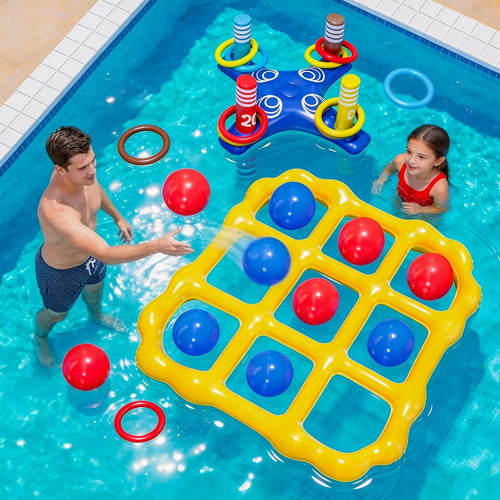 MGparty Pool Toys Games Set, 2-in-1 Inflatable Tic Tac Toe and Ring Toss Game, Outdoor Swimming Pool Party Floats Water Toys for Kids Teens Adults