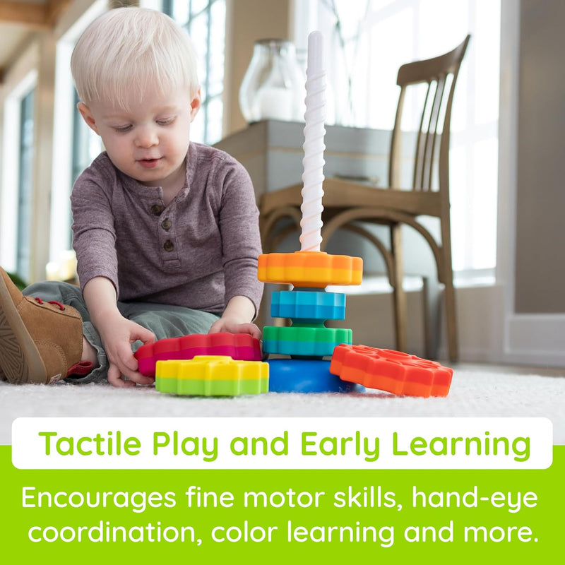 Fat Brain Toys SpinAgain, Baby Stacking & Spinning Toys for Toddlers Ages 1+ | Spinning gears stacker. Reversible base. Tactile, developmental learning for babies, toddlers, preschoolers, ages 12 months+