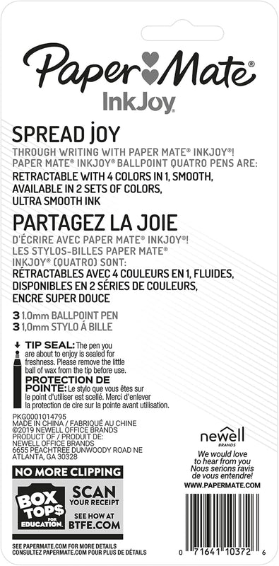 Paper Mate InkJoy Quatro Retractable Ballpoint Pens, 4 Colors in 1 Pen, Medium Point (1.0mm), 3 Count - Convenient, Note-Taking, Comfortable Grip, Ultra Smooth Ink