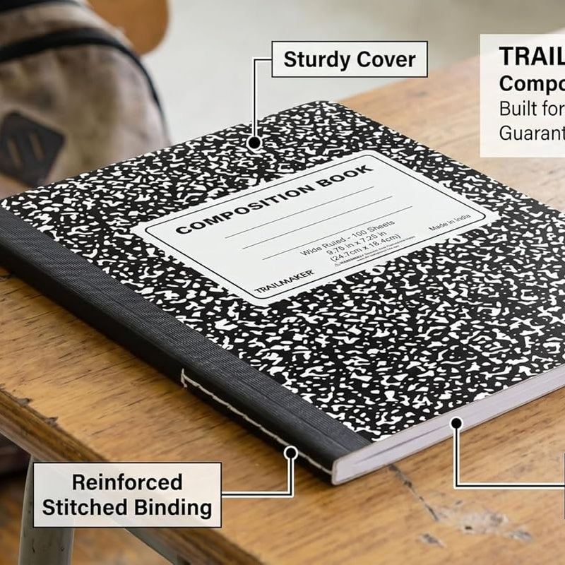Trail maker (50 Pack Bulk Composition Notebooks, Wide Ruled Marble Cover, 200 Pages (100 Sheets), 9.75 x 7.5, Bulk School Supplies for Classroom, Office & School Donations