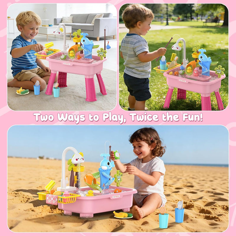 2026 Upgraded Water Table for Toddlers 1-3 - Outdoor Toys for Kids Ages 4-8 with Pump, Summer Outside Sensory Activity Pool Toys, Kitchen Play Sink Toy with Running Water, Fishing Toy, Pink