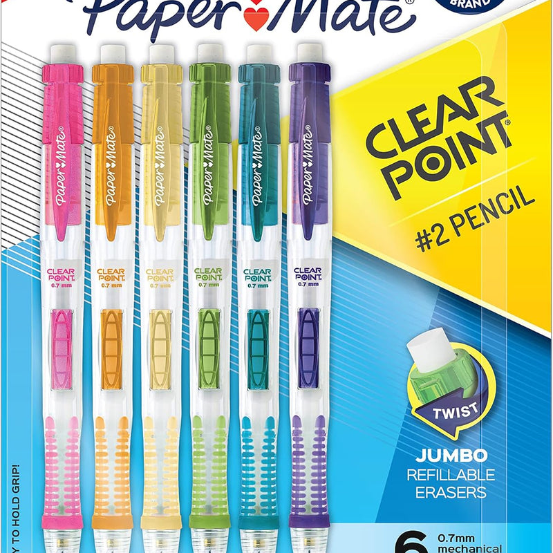 Paper Mate Clearpoint Mechanical Pencils, 0.7mm HB #2 Lead, Assorted Barrel Colors, 6 Count - Office Supplies, Back to School, Journaling