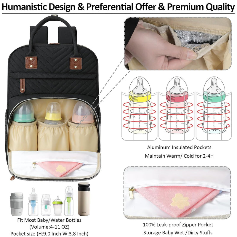 Tenot Diaper Bag Backpack for Women with Insulated Pockets Black | Large Capacity, Multifunctional, Waterproof, Travel Baby Diaper Bags for Mom,Dad,Baby Girl Boy