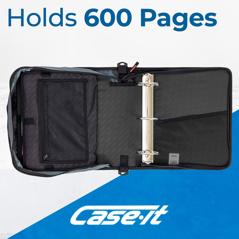 Case-it Mighty Zip Tab School Zipper Binder | 3-Inch O-Rings, 600-Sheet Capacity, 5-Subject Expanding File Folder, Multiple Pockets & Storage Organizer, Shoulder Strap | D-146 Jet Black