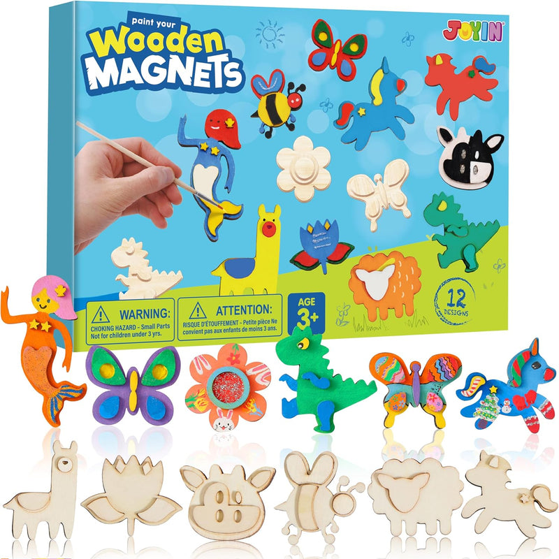 JOYIN 12 Wooden Magnet Creativity Arts & Crafts Painting Kit for Kids, Decorate Your Own Painting Gift for Halloween Crafts, Birthday Parties and Family Crafts, Party Favors for Boys Girls