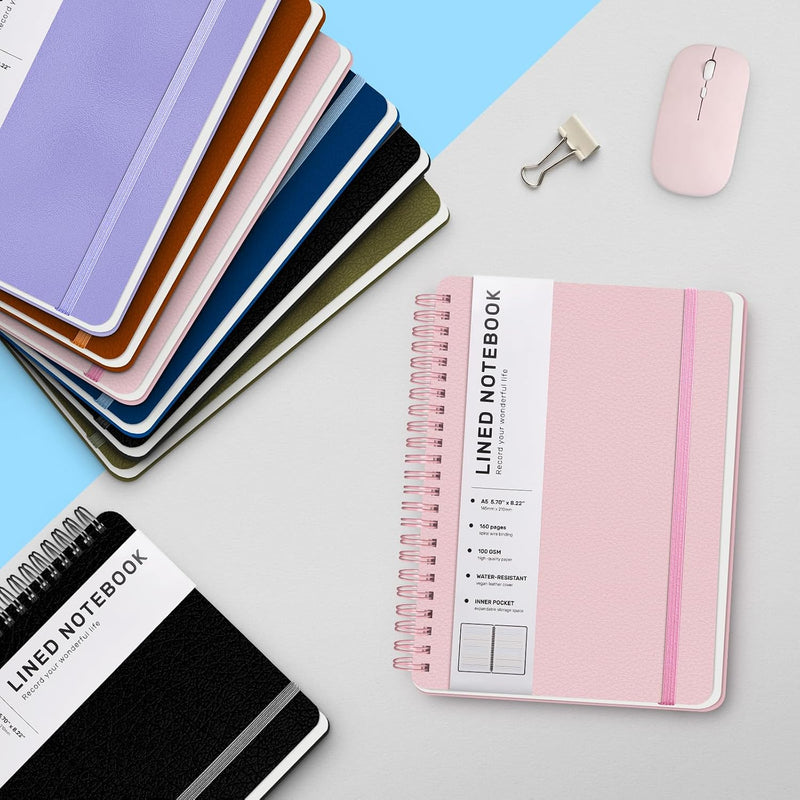 ABERLLS Lined Spiral Journal Notebook with 160 Pages, 8×5.7in, A5 Spiral Notebook, Journaling Notebooks for Work, School, Women, Men, College Ruled Spiral Notebook, Hardcover Leather Journals, Pink