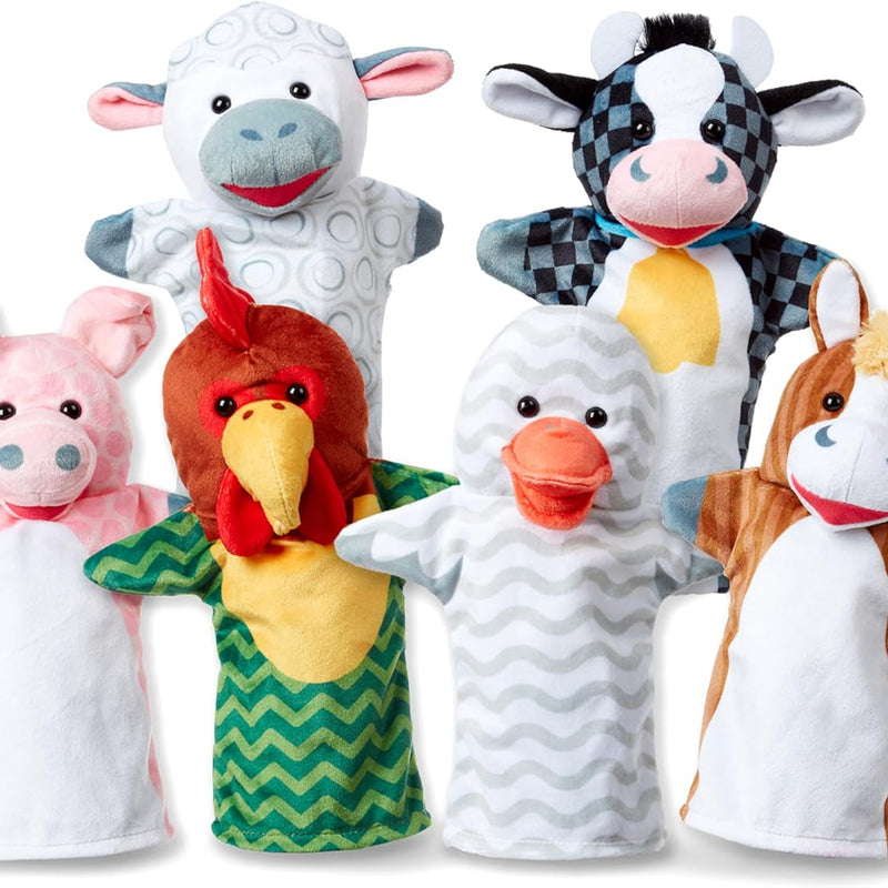Melissa & Doug Barn Buddies Soft Farm Animal Hand Puppets - Set of 6 Cuddly Characters for Imaginative Play, Storytelling, and Skill Development for Ages 2-6.
