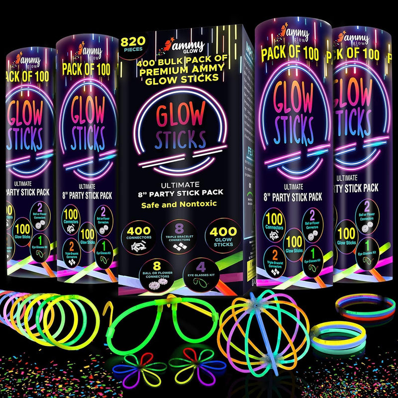 Ammy Glow Glow Sticks Bulk Party Pack, 205 Pcs Kit with Connectors & Glasses for Kids, LED Neon Glow in the Dark Party Supplies for Birthdays & Events