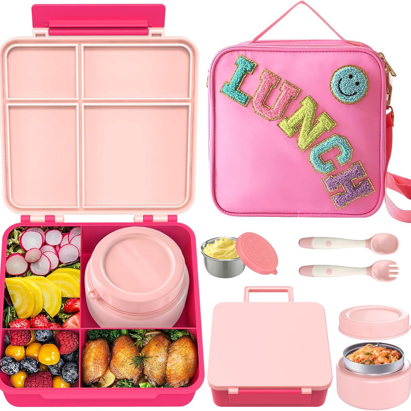 Aimsnk Lunch Box Kids, Bento Lunch Box for Kids with Thermo 8oz Food Jar, Leak Proof Hot Lunch Containers with 4 Compartment, Bento Box for Kid Toddler Insulated Lunch Bags for School (Purple)