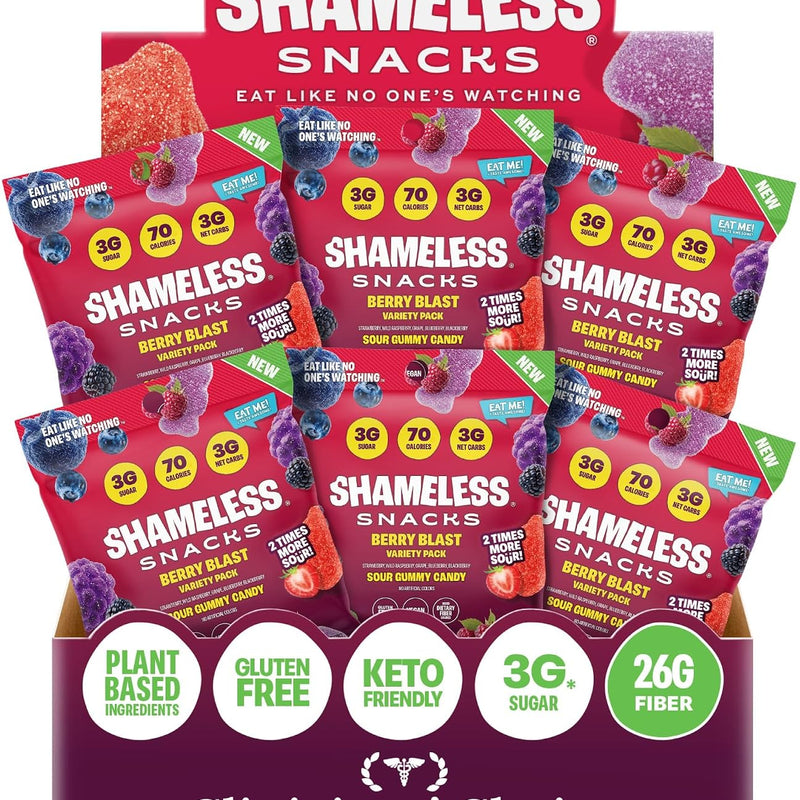 Shameless Snacks Berry Blast Gummy Candy Variety Pack & Fruit Snacks | Keto High Fiber Gummies, 3g Sugar 70 Cals - Gluten Free Vegan Bulk Treats for Kids & Adults