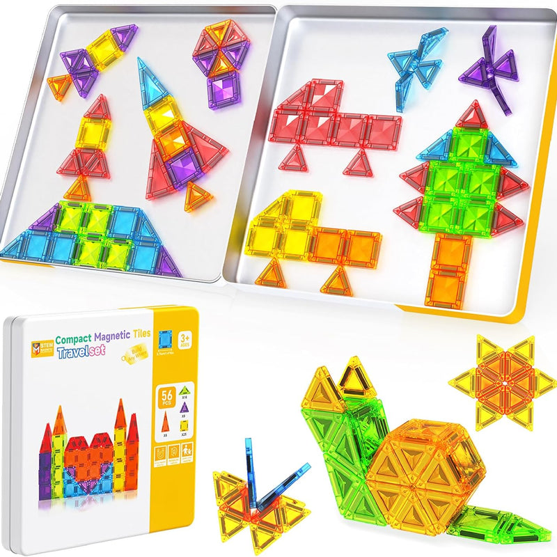 Mini Magnetic Tiles, 40 PCS tin travel magnetic tiles for kids age 3+, STEM educational building set