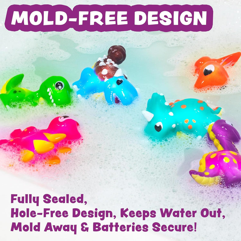 Tub Works Dinos Light Up Bath Toys, 6 Pack for Toddler Sensory Play and Bath Time Fun