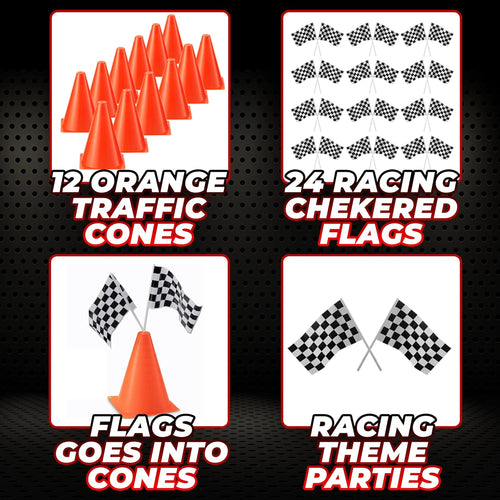 Bedwina Race Car Birthday Party Decorations - 36 Pcs, 12 Orange Mini Cones & 24 Black/White Checkered Flags