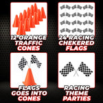 Bedwina Race Car Birthday Party Decorations - 36 Pcs, 12 Orange Mini Cones & 24 Black/White Checkered Flags