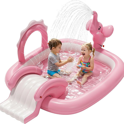 QPAU Elephant Kids Pool with Slide and Sprinkler, Inflatable Play Center with 4 Rings, 72 × 64 × 37 in, Fast Inflation Kiddie Pool for Garden & Backyard, Birthday Gift for Ages 1+ (Pink)