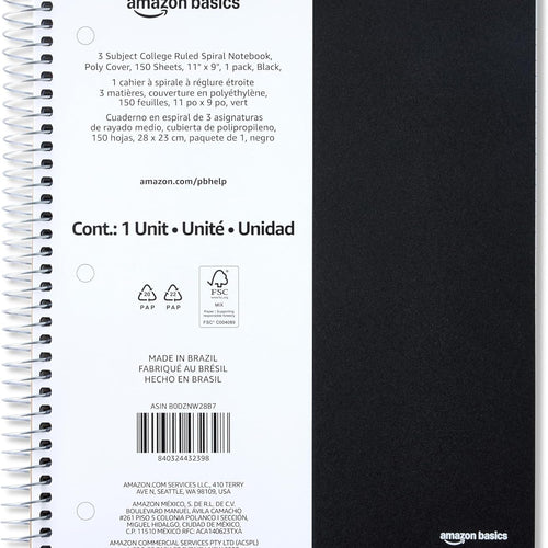 Amazon Basics College-Ruled 3-Subject Spiral Notebook, 150 Sheets, 8.5 x 11 inches, Black