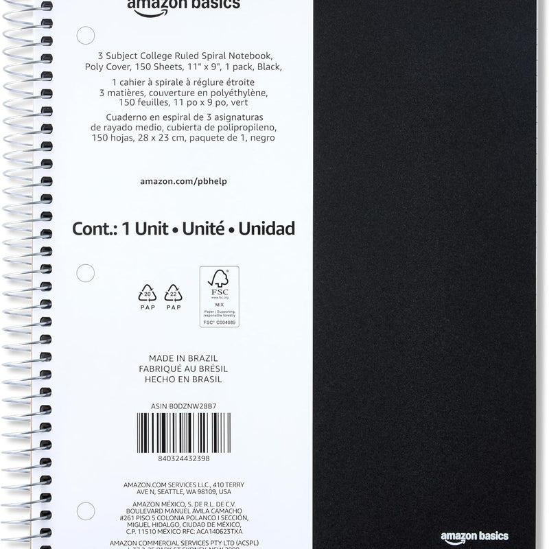 Amazon Basics College-Ruled 3-Subject Spiral Notebook, 150 Sheets, 8.5 x 11 inches, Black