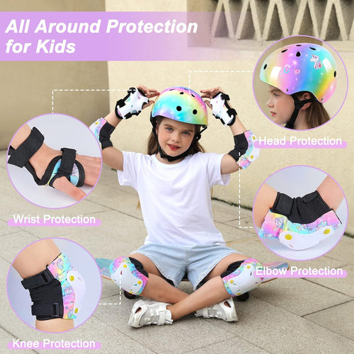 Kids Unicorn Helmet Set for Girls Age 3-8, Adjustable Protective Gear with Stickers for Roller Skates, Bicycle, Skateboarding, Scooter, Multiple Sports