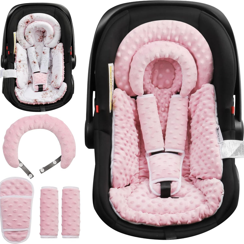 BOMOLOUR Infant Car Seat Insert for Baby Head Body Support, Pink | Reversible, Adjustable For 0-24 Months, Versatile Fits For Baby Car Seat ,Stroller, Swing, For Preemie, Newborn, Infant