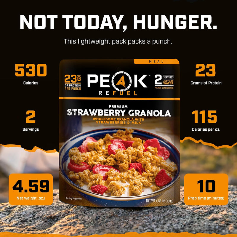 Peak Refuel Strawberry Granola 2-Pack, Freeze-Dried Breakfast Meal Pouches | Two freeze-dried strawberry granola pouches, 2 servings each, lightweight, just add water, no cooking, ideal for camping