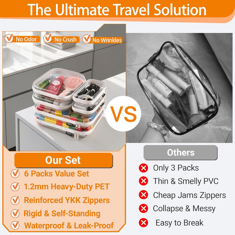 YQBRAO Clear Hard Shell Zipper Cases, 6 Multi-Size Organizers, White | Rigid clear shells in three practical sizes organize toiletries, cosmetics, cables, stationery and household essentials